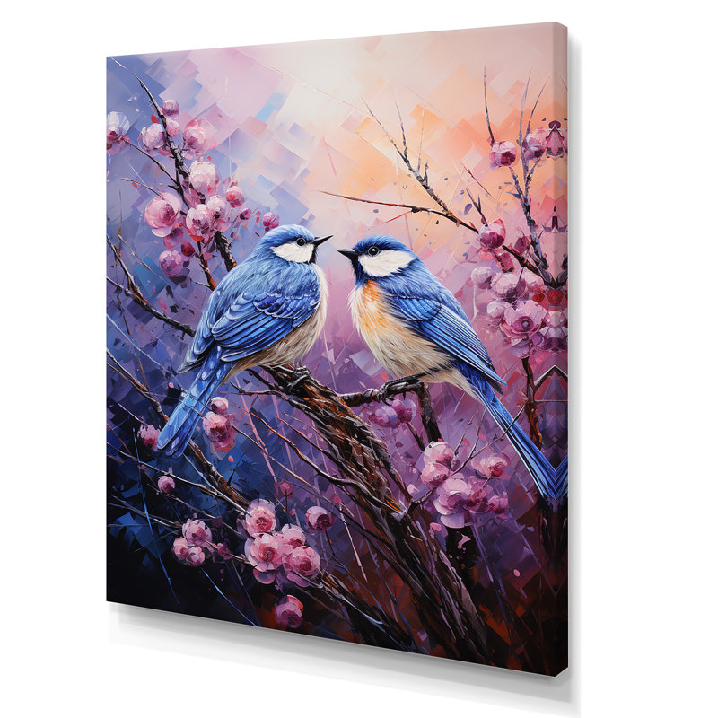 Impression sur toile - Chardon mauve et oiseaux bleus, H 32 po x l 24 po x P 1 po, Toile tendue