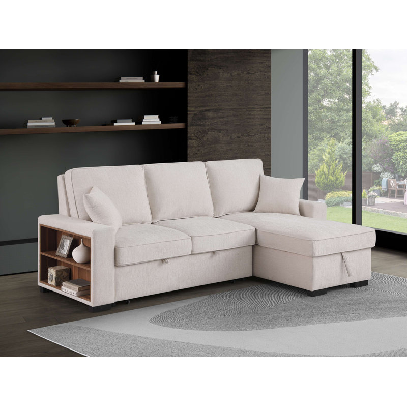 Modern Sleeper Sofa With Pull Out Bed & Storage Chaise, Beige Chenille
