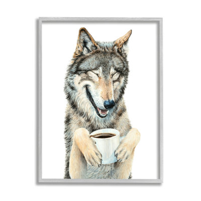 «Laughing Wolf with Coffee» par Holly Siment - cadre flottant, impression sur bois
