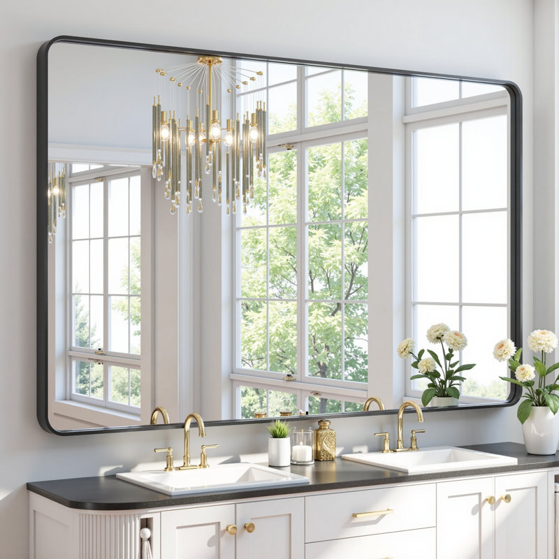Miroir de salle de bain rectangulaire arrondi de 1,18 po avec cadre en alliage d'aluminium et verre trempé de qualité supérieure Lunara