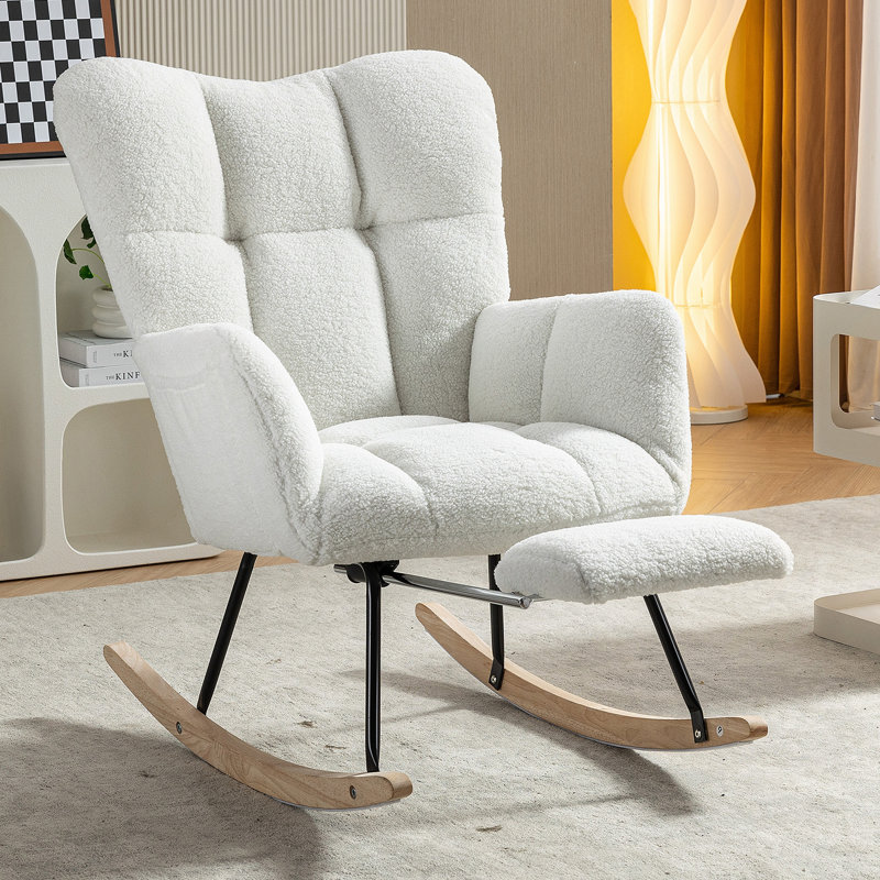 Chaise berçante en tissu avec repose-pieds Teddy, Ivoire ivoire