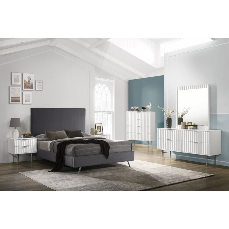 Commode double 4 tiroirs Jayvonni, Blanc / argenté