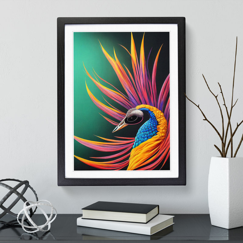 Bold Peacock Art No.5 - Wall Art, Black Framed, 36cm H x 27cm W x 2cm D, White