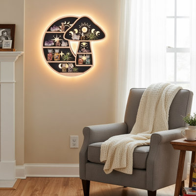 Crescent Moon Floating Wall Shelf with LED Light, Wooden Mushroom Crystal Display Shelf