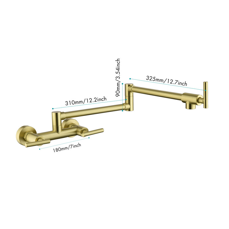 Brass Faucet In Gold - Pot Filler, Hot Cold, 3 Handles, 2 Holes, Wall Mount, Finish, Steady Water Flow Cold Sink Brass, Gold, Foldable, Drip, Stable