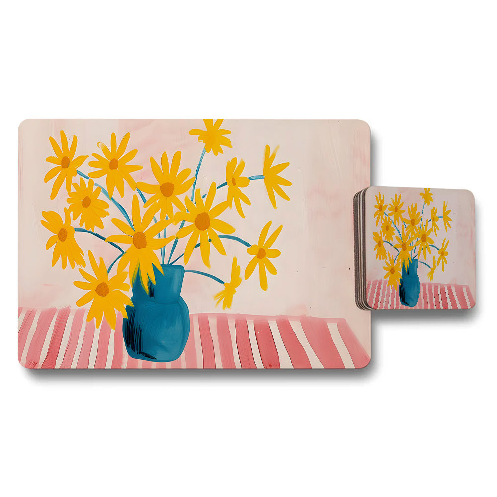 Yellow Daisy Floral Placemat And Coaster Set In Blue Vase