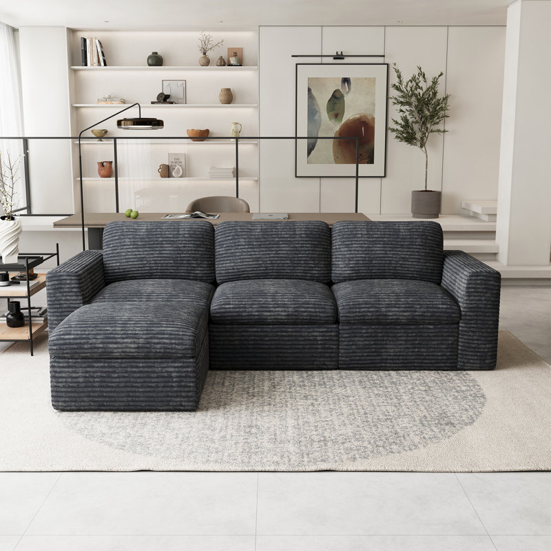 Boneless L-Shaped Wide Corduroy Compression Sponge Sofa 3-Seater Cloud Boneless Sofa, No Assembly Required, Gray