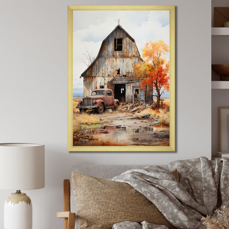 Aswini Barns Rustic Charm IX - Art mural de grange pour le salon, Cadre doré simple, H 40 po x l 30 po x P 1,5 po