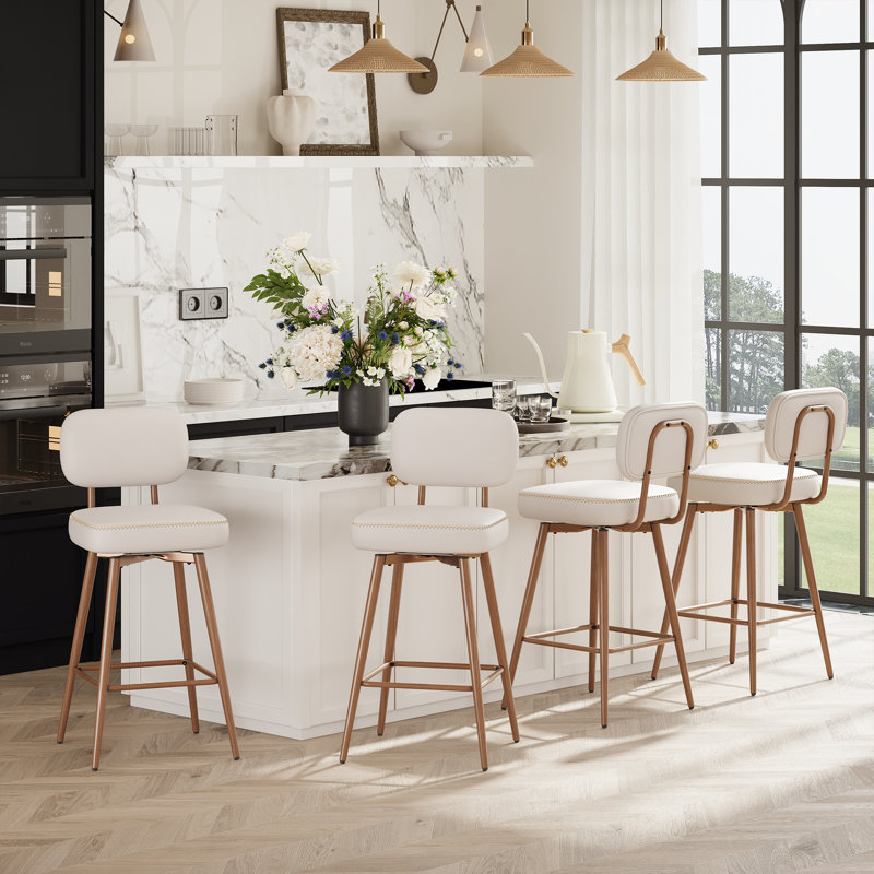 Modern Swivel Upholstered Counter Stools with Metal Frame, Beige