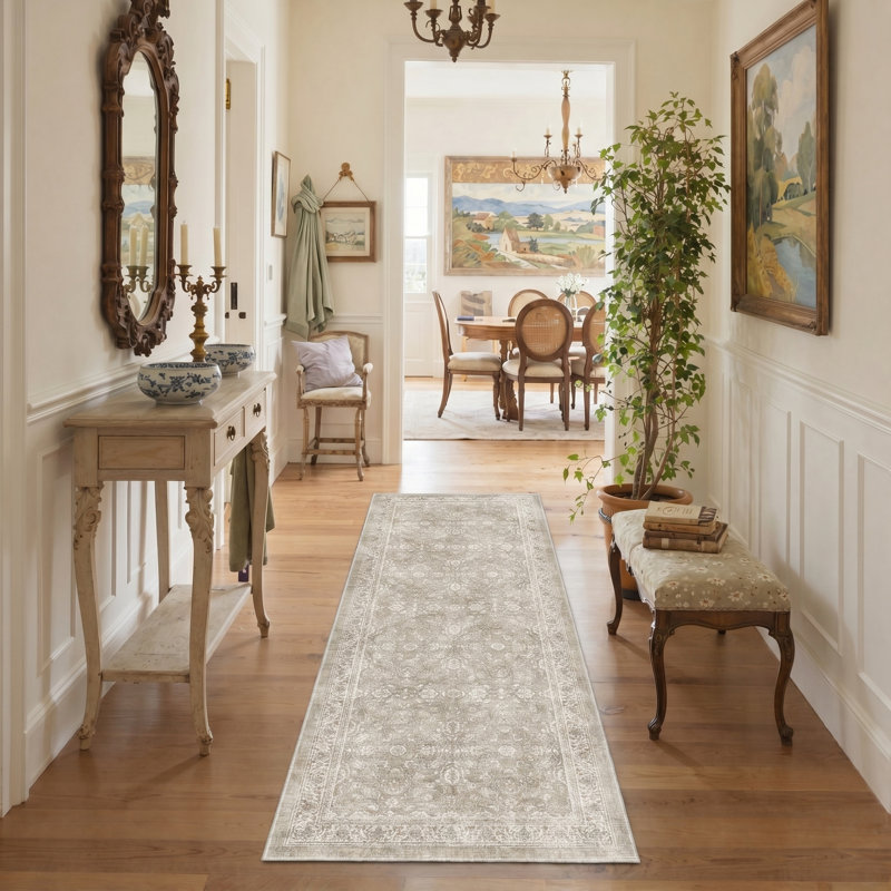 Tapis beige / blanc rétro à motif floral lavable à la machine avec envers antidérapant, Runner 2'6" x 8'