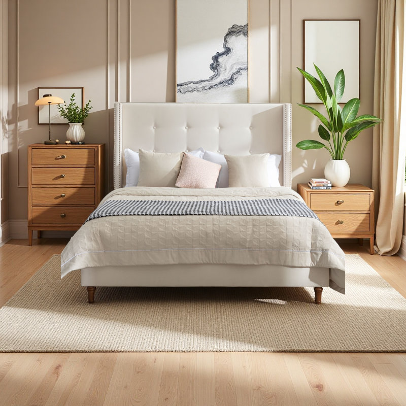 Upholstered Bed, Ivory, Queen