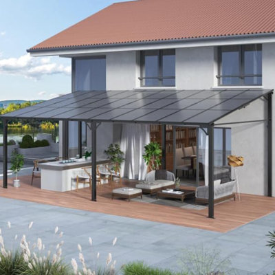 Pavillon de jardin mural à toit rigide 10 'x 20' avec toit en polycarbonate et auvent incliné pour patio, terrasse, porche et cour arrière
