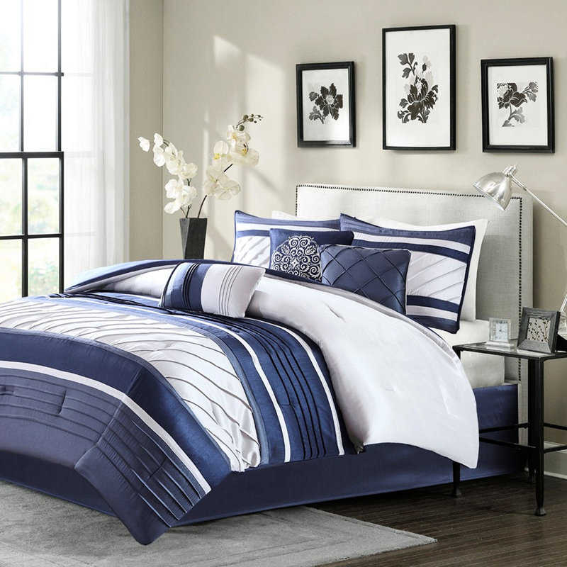 Édredon bleu marine 7 pièces, literie élégante avec rembourrage, comprend un édredon, 2 taies décoratives, 1 place et 1 oreiller, tissu en soie synthétique lavable à la machine