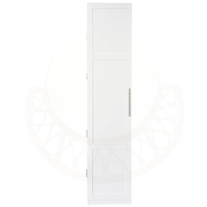 Garde-manger autoportant blanc Poirier avec tablettes réglables et beaucoup de rangement, parfait pour les espaces de vie organisés