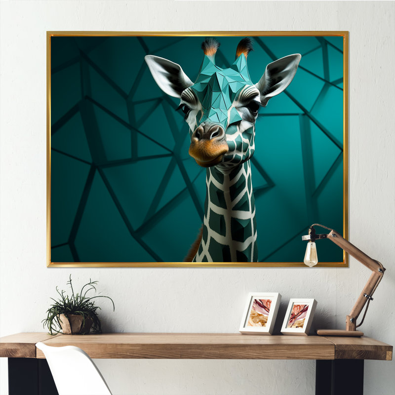 Girafe verte cubiste Grace II, Cadre flottant doré, H 30 po x l 40 po x P 1,5 po