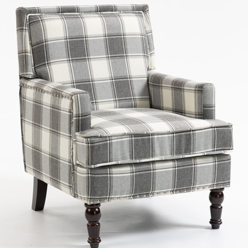 27.1'' Wide Upholstered Armchair with Solid Wood Legs, Gray Check