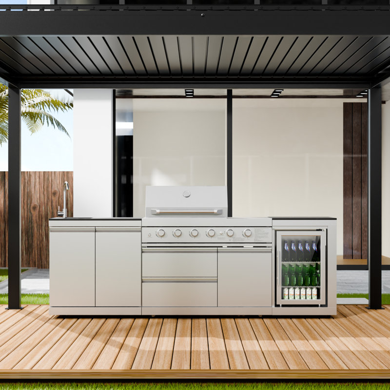 Akoah 6-Burner Stainless Steel Modular Outdoor Kitchen Island with Fridge & Sink