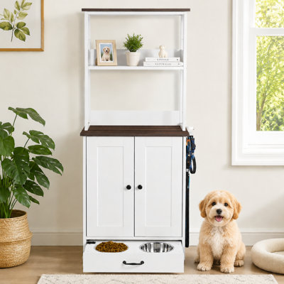 Pet Food Storage Cabinet with Open Shelving, Double-Door Cabinet, and Side Hooks for Leashes