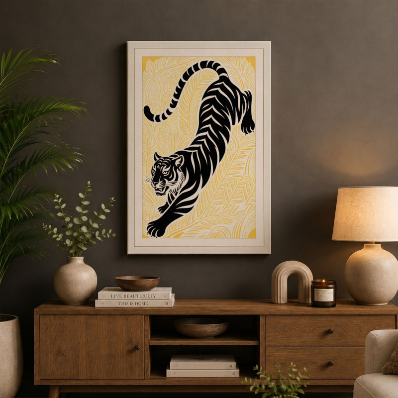 Stretching Tiger Japandi - Wrapped Canvas, 18x12 - 45.7 x 30.5 cm, Terracotta Border