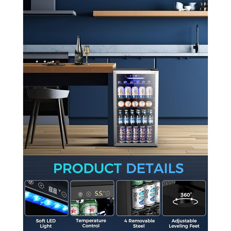 Mini Fridge 130 Can Beverage Refrigerator Cooler, 3.1 Cu.Ft Drink Fridge Silver Glass Door for Soda Wine Beer, Digital Temperature Control Cooler for Home,Bar