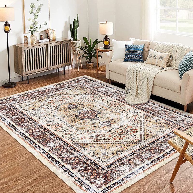 Tapis décoratif lavable à la machine Boho, Rectangulaire 8 pi x 10 pi