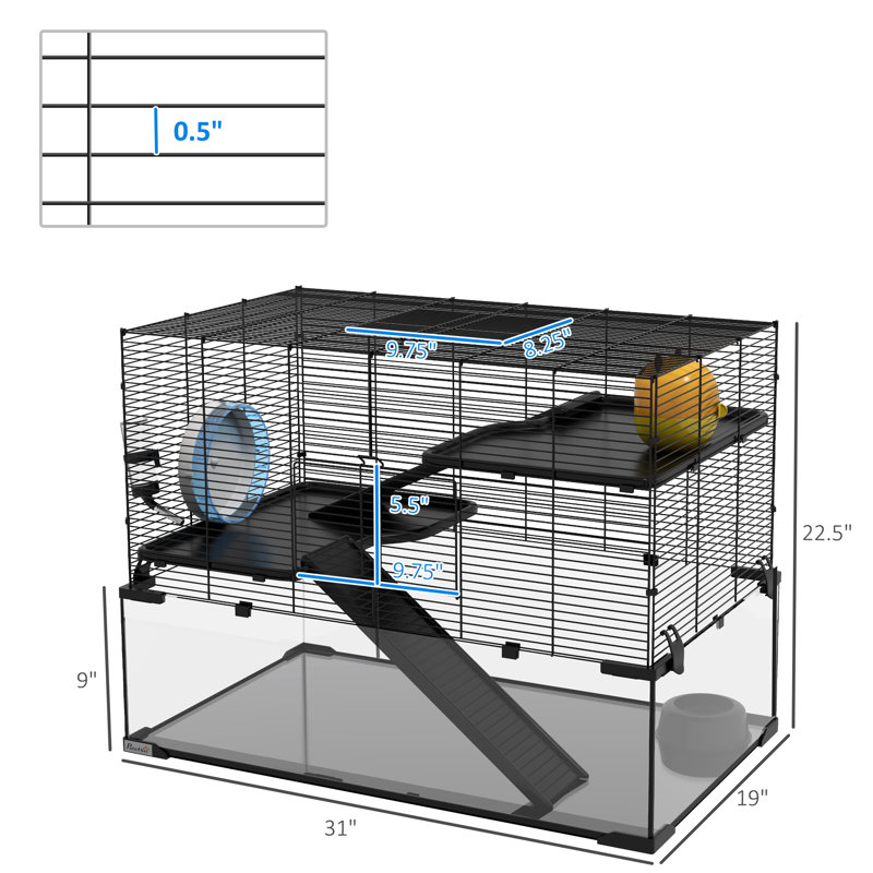 Cage à hamster / gerbille 31 "avec bassin en verre, rampes, plateformes, cabane, roue d'exercice, noir, pour petits hamsters