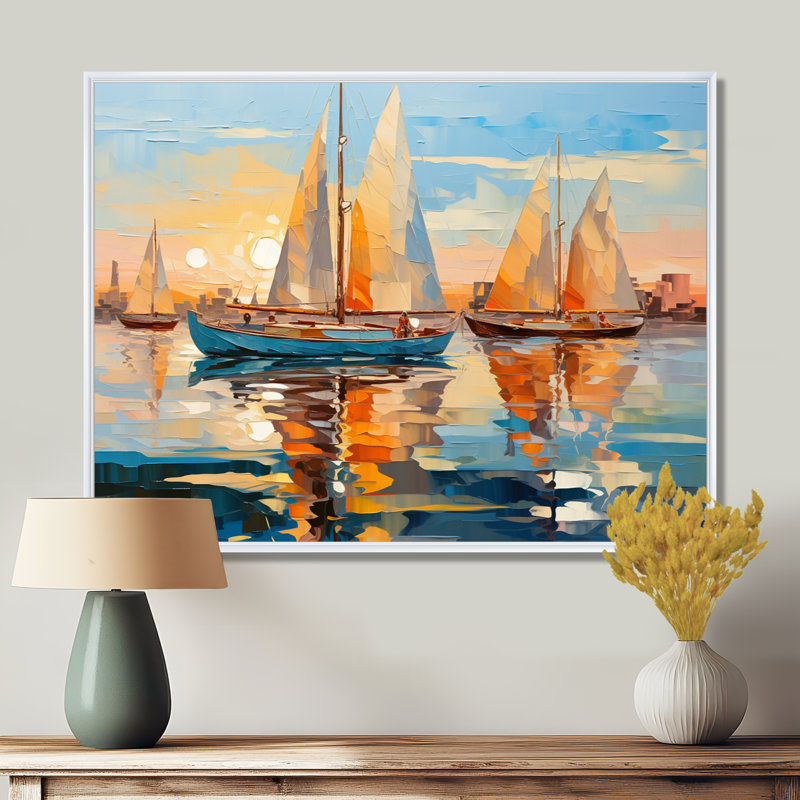 Jonkan voilier abstrait flottille I - bateau à voile, art mural, 16" H x 32" W, Natural Floater Framed