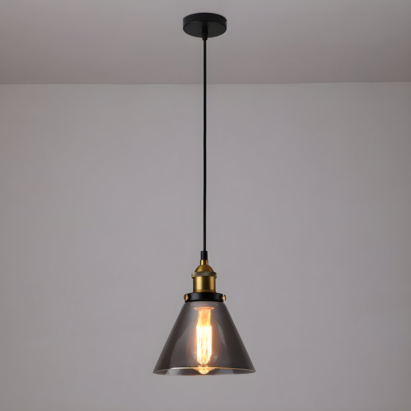 Industrial Pendant Light with Glass Shade Brass Fittings Smokey Grey Clear or Gold, Grey
