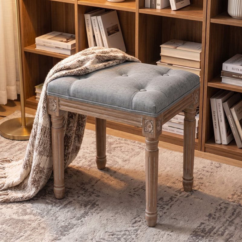 Accent Vanity Stool Makeup with Linen Upholstery & Carved Solid Wood Legs, Gray