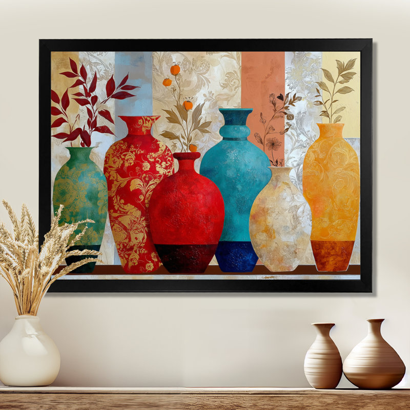 «Boho Plants Moroccan Vases - Morocco Pottery», reproduction d'art sur toile rouge, H 12 po x l 20 po, Cadre photo unique