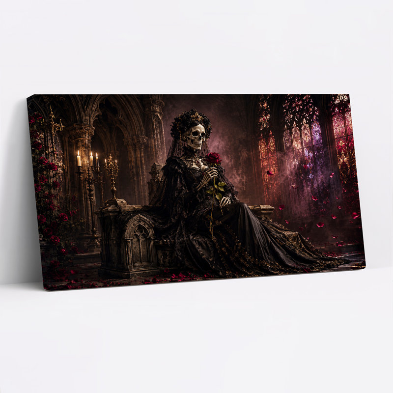 Mariée squelette gothique en voile noir tenant une toile rouge d'Halloween, L 20 po x H 10 po