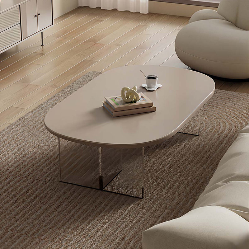 Table basse beige en bois manufacturé et ovale, 13.78" H x 39.37" L x 19.69" W