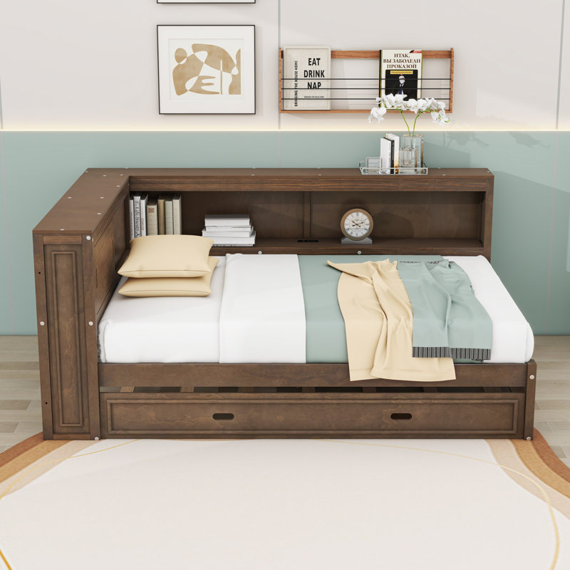 Full-Size Wooden Daybed with LED Light, Storage Shelves, USB Charging Station, and Twin Trundle, Antique Wood