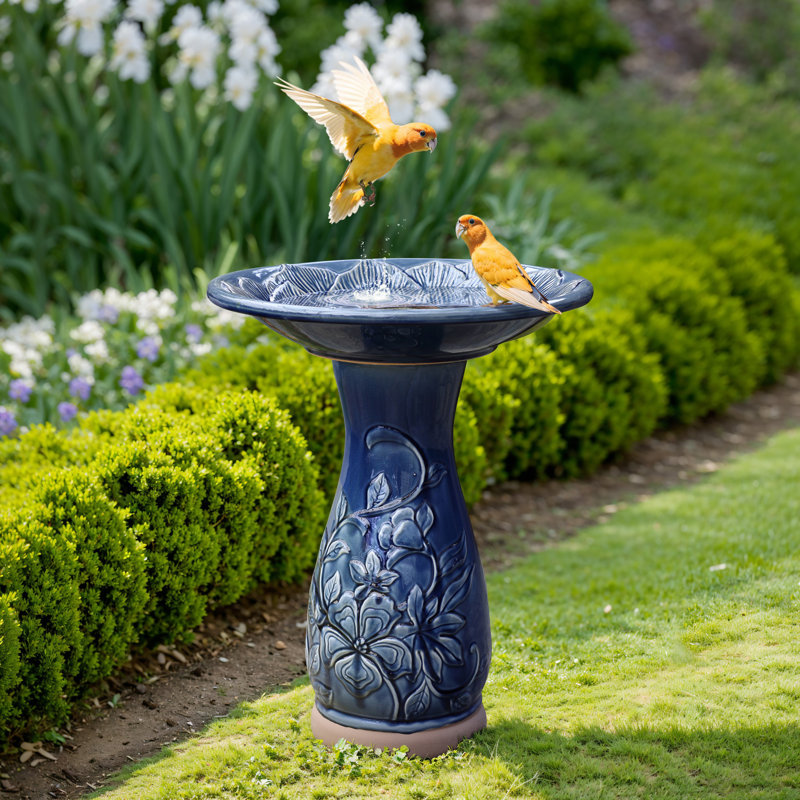 Bain d'oiseaux en céramique de 22 pouces de hauteur Blue Petals and Vines