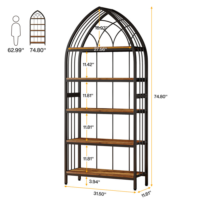5-Tier Tall Bookshelf with Metal Frame for Home Office, Black/Brown