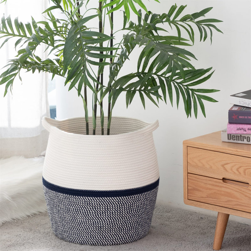 Laundry Basket with Handles, White/Blue