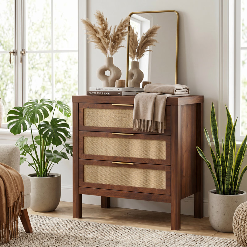 Commode 3 tiroirs en rotin, commode à cadre en noyer pour chambre à coucher, table boho, Walnut