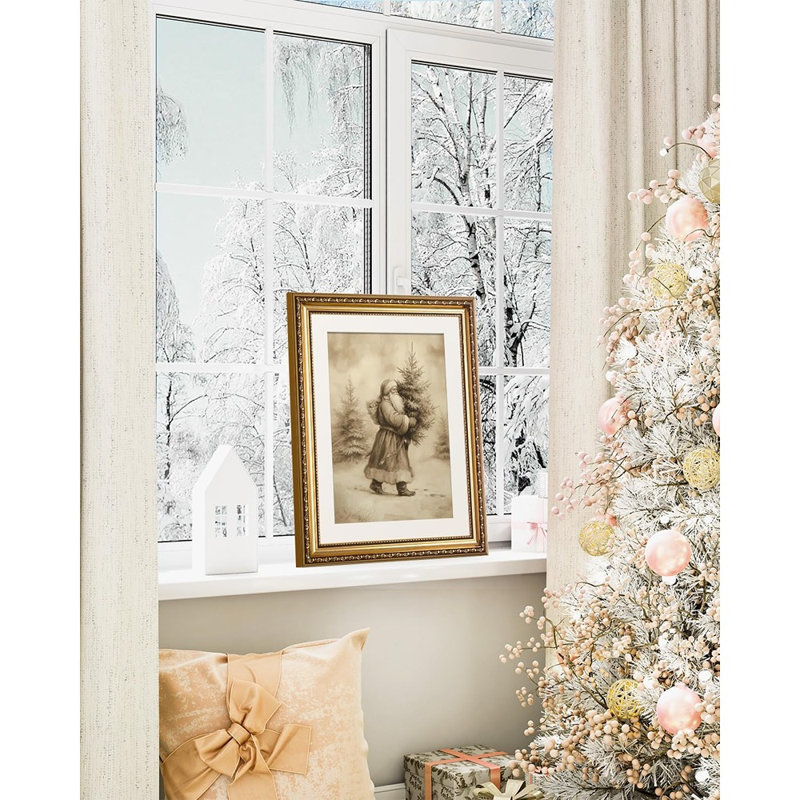 Tableau de Noël vintage sur toile avec le père Noël et cadre doré