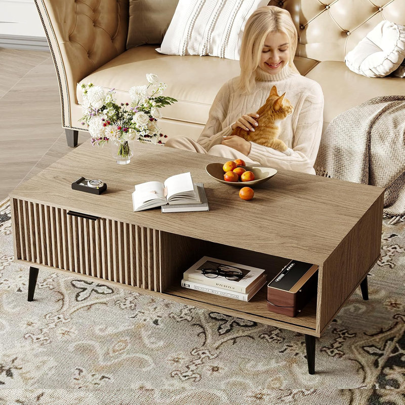 2-Tiers Coffee Table, 41.34''L Farmhouse Coffee Tables With Storage And Sliding Wave Pattern Door, Brown