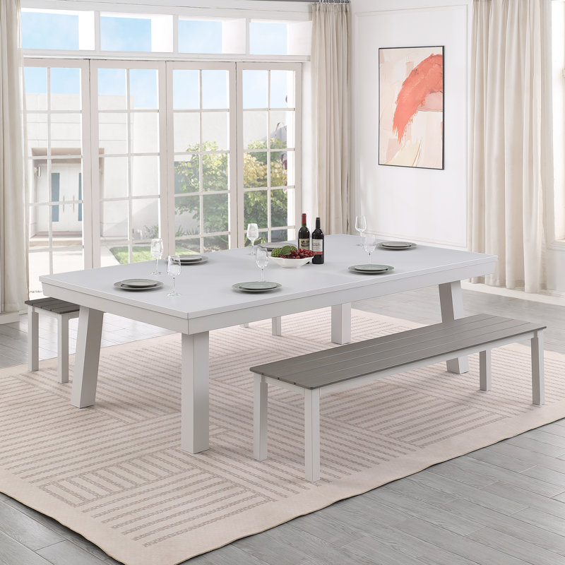 Table de salle à manger d'extérieur / d'intérieur en ardoise avec 2 bancs et accessoires Oasis, Mauve clair, Blanc