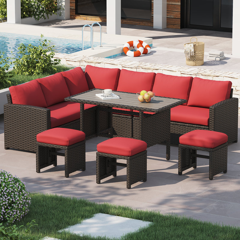 6 - Person Modular Patio Conversation Set with Cushions, Brown Frame/Red Cushion