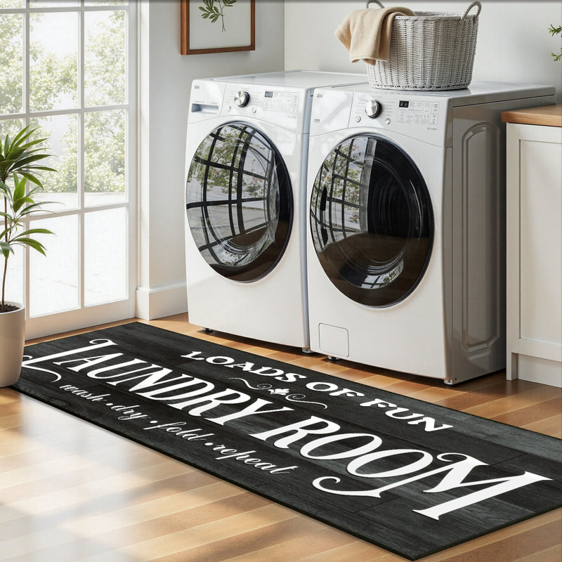 2'x6'  Laundry Room Rug Farmhouse Washable Non Slip Kitchen Mat Runner Rug, Black