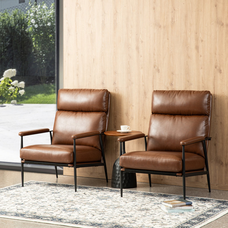 Mid-Century Modern Leatherette Armchair With High Back And Padded Arms, Black Faux Leather