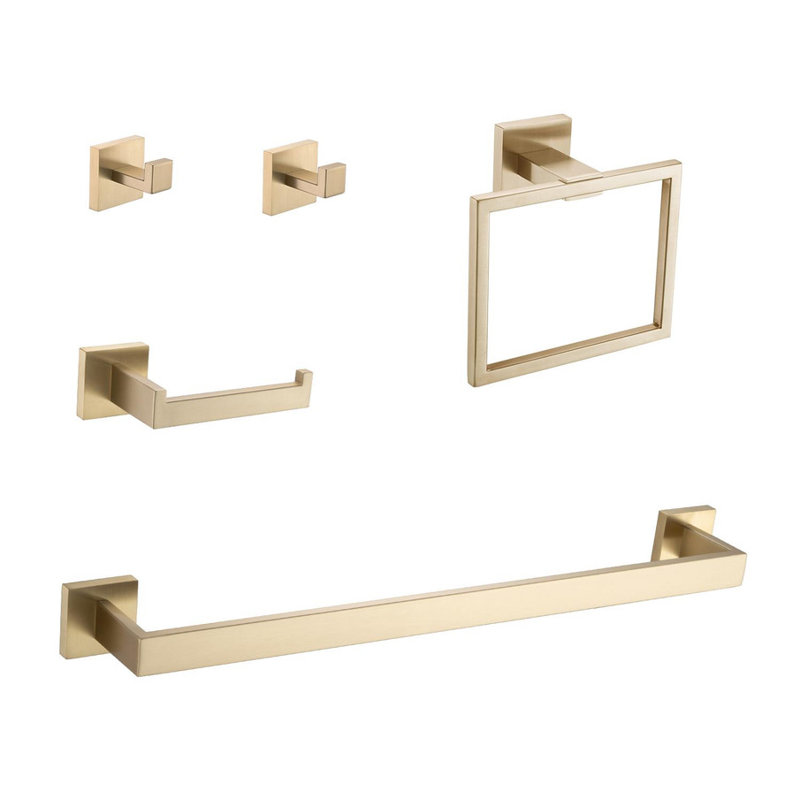 Ensemble d'accessoires de quincaillerie de salle de bain 5 pièces - Porte-serviettes en acier inoxydable SUS304, porte-serviette, anneau de serviette et 6 crochets, antirouille pour l'organisation de la salle de bain