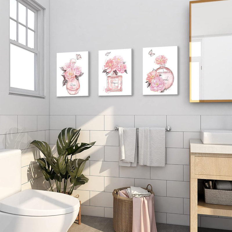 Pink Wall Art Bedroom Wall Decor Fashion Perfume Flower Butterfly Pictures Blush And Grey Framed Canvas Paintings For Living Room Bathroom,Valentines Day Gifts 12X16 Inch,3 Piece