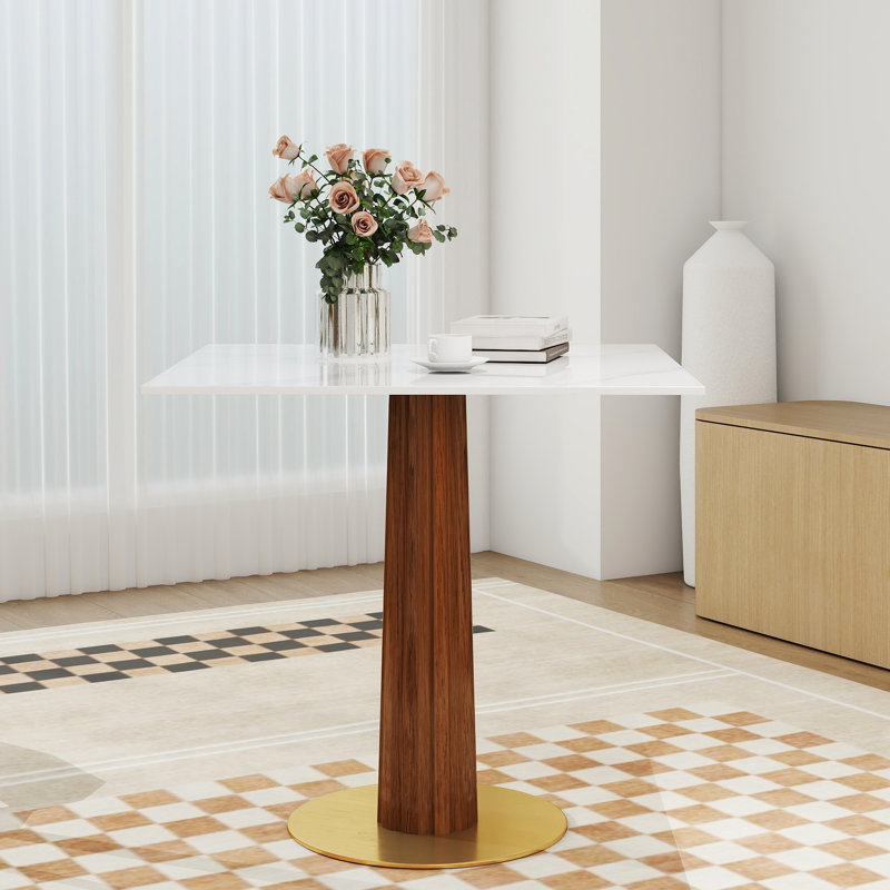 Table de salle à manger moderne en pierre frittée pour 2 personnes avec pieds en bois et base dorée Small Space