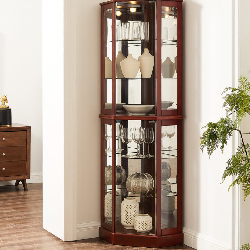 Présentoir de coin d'angle avec 6 tablettes, lumières, miroir, réglable, armoires et miroirs cerise, réglables, Cerisier