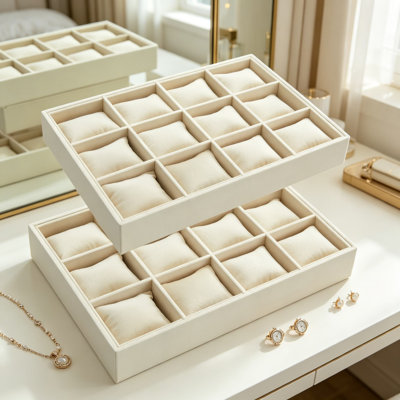 Organisateur de bijoux 2 pièces pour plateau de montre en velours, 12 supports de présentation empilables pour bracelets et bracelets avec coussins réglables, beige