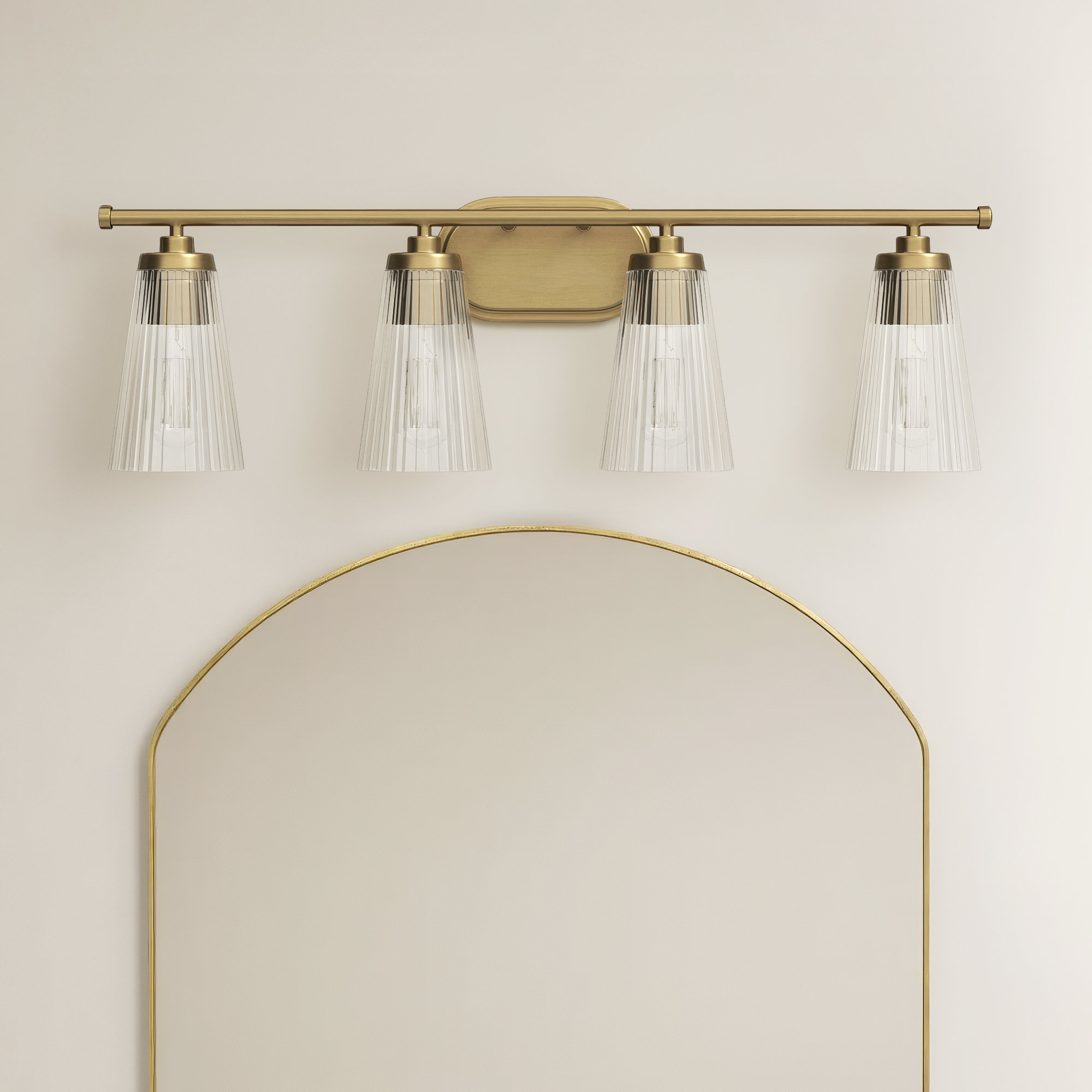 Jeanie Steel and Glass Dimmable Bathroom Vanity Light , 10" H x 30.5" W x 30.5" D, 4 Lights, Brass