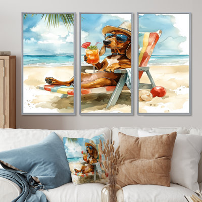 Chien teckel brun sur la plage, "I" - ensemble de reproductions d'art mural animaux côtiers